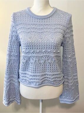 French Connection Pointelle Knit Light Blue Sweater with Flared Wrists. Sz M